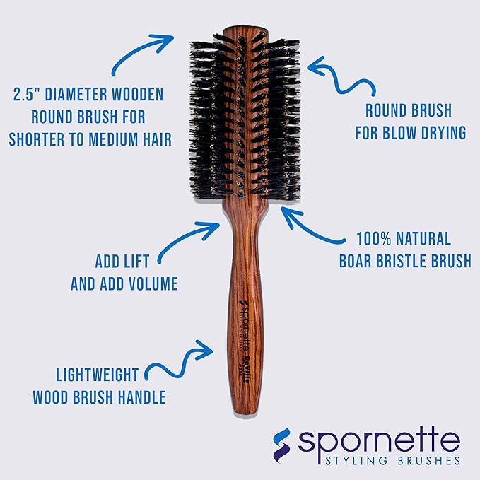 Spornette Deville Boar Bristle Round Brush for Women - Large Round Hair Brush for Blow Drying, Curling & Styling - Adds Shine, Volume & Lift to All Hair Types (2.5 Inch)