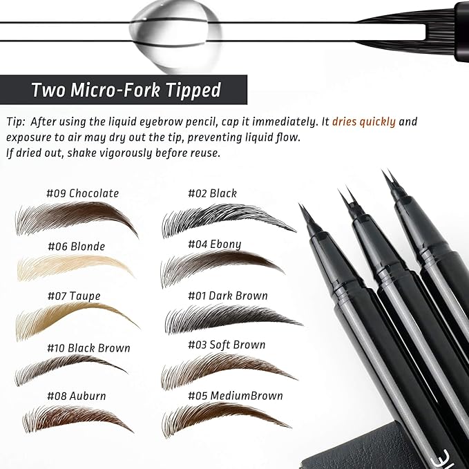 Eyebrow Pomade Stamp, Microblading 2 Tip Liquid Eyebrow Pen, Eye brow Kit with Angled Spoolie Brush and PU Pouch for Travel (Ebony)