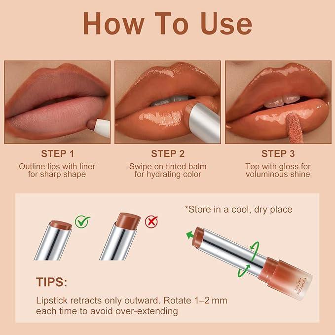 3PCS Lip Combo Set — Matte Lip Liner Pencil, Hydrating Tint Lipstick & Shine Gloss, Non-Sticky Long-Lasting Plumping Lip Makeup Kit for Women, Volume Sculpt Trio, 01