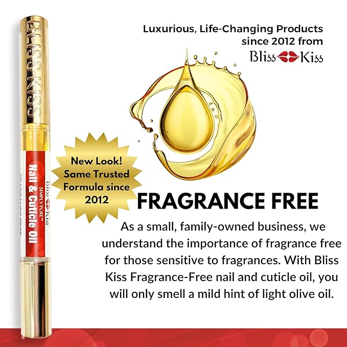 Bliss Kiss Fragrance Free Nail Oil Cuticle Pen with Vitamin E & Jojoba - Nail Strengthener Nail Growth Serum for Brittle Peeling Breaking Thin Nails