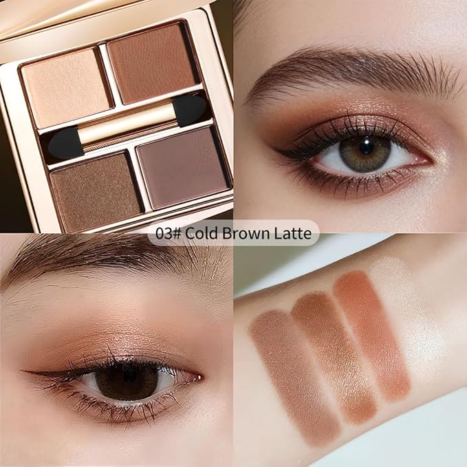Warm Neutral Brown Eyeshadow Palette – 4 Matte & Shimmer Shades for Natural Everyday Makeup, Blendable Caramel & Mocha Tones, High-Pigment Long-Lasting Crease-Resistant Soft Glam Eye Shadow Kit