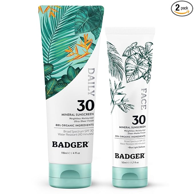 Badger Mineral Daily and Face Sunscreen Combo, SPF 30 Lightweight Organic Mineral Sunscreens with Zinc Oxide, Hydrating Everyday Sunscreen Lotions for Face & Body, Vegan & Unscented, 2-Pack