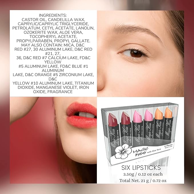 Magic Kiss Color Changing Matte 6 Piece Lipstick Set infused with Aloe Vera Made in USA (Colors of Aloha 3)
