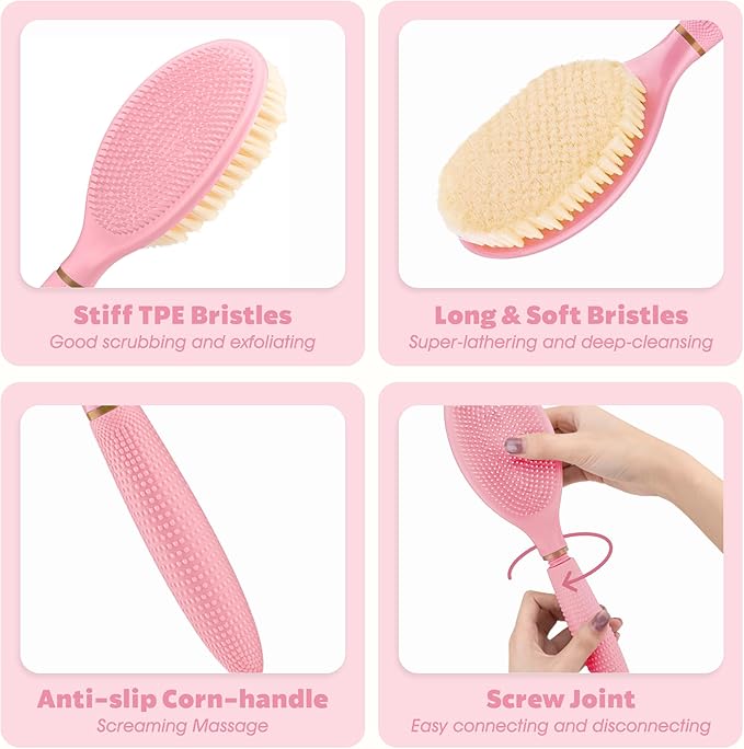 Foot Brush & Back Scrubber Set, 27.5'' Adjustable Foot Scrubber for Shower, 18.9'' Shower Back Scrubber with 3-Length Usage, Great Aid for People with Limited Mobility(Pink Set)