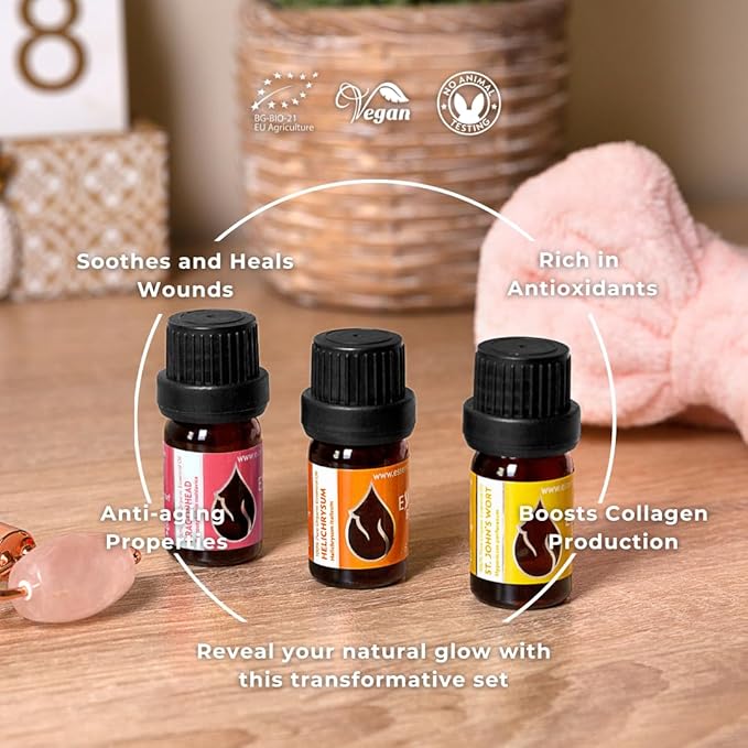 Set Glowing Skin Organic Essential Oils | Helichrysum + Moldavian Dragonhead + St. John's Wort | 100% Pure and Natural | Undiluted | Therapeutic Grade | Non-GMO | (3 pcs x 5 ml)