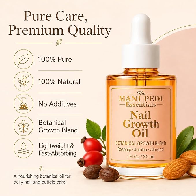 Natural Nail Growth Oil. Powerful Blend of Rosehip, Jojoba & Amond Oils. Promotes Stronger, Healthier Nails. Hydrates & Strengthens Cuticles for Faster Nail Growth - 1 Fl Oz