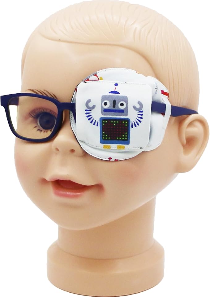 Astropic 3D Cotton & Silk Eye Patch for Kids | Boys Eye Patch for Glasses | Medical Eyepatch for Children with Lazy Eye (Gray Robot, Left Eye)