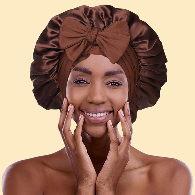 AWAYTR Satin Bonnet for Women Tie Band Hair Bonnet Large 2 Layered Silk Sleeping Cap Nightcap with 3PCS Hair Scrunchies (US, Alpha, One Size, Leoprad Print(Brown))