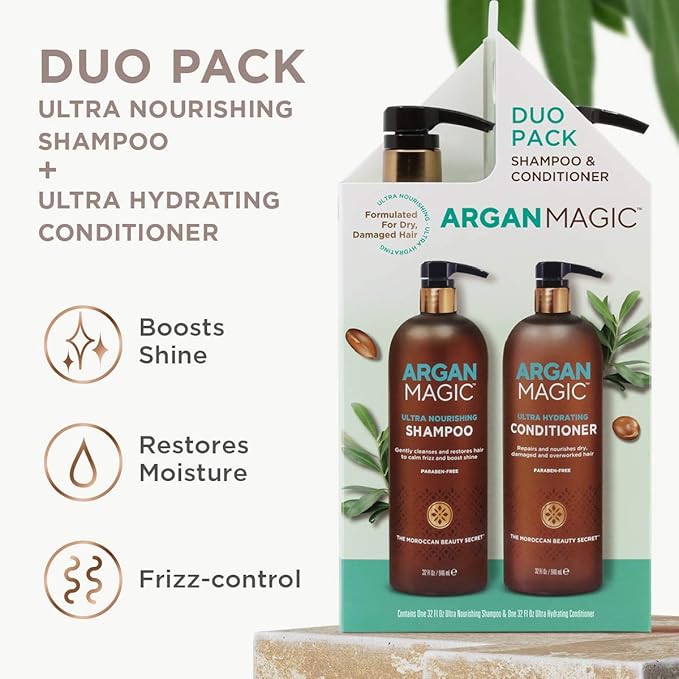 Argan Magic Ultra Shampoo and Conditioner Combo Pack for Dry and Damaged Hair - Revives & Dehydrated Brittle Hair | Detangles, Smooths & Softens | Paraben Free, (32 oz)