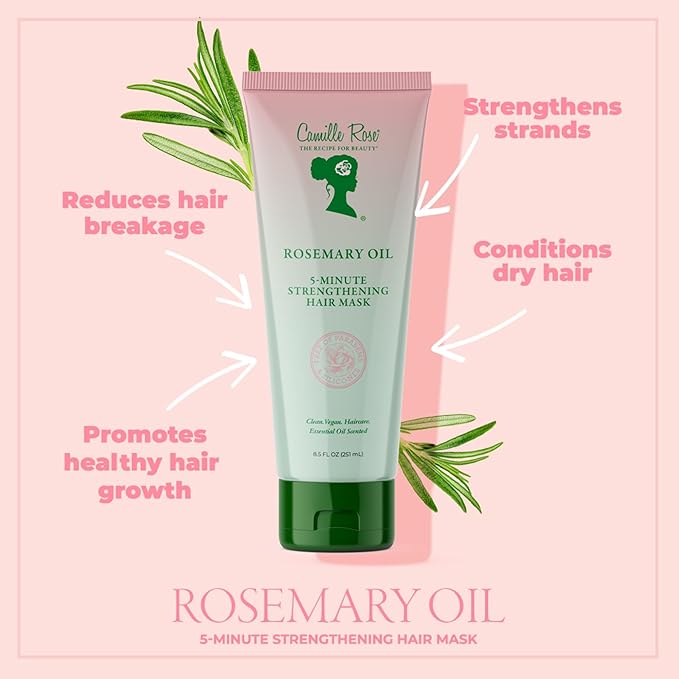 Camille Rose Hair Mask, Rosemary Oil – 5-Minute Strengthening Deep Conditioner for Refreshing Dry, Damaged Hair, Frizz Control, 8.5 Oz