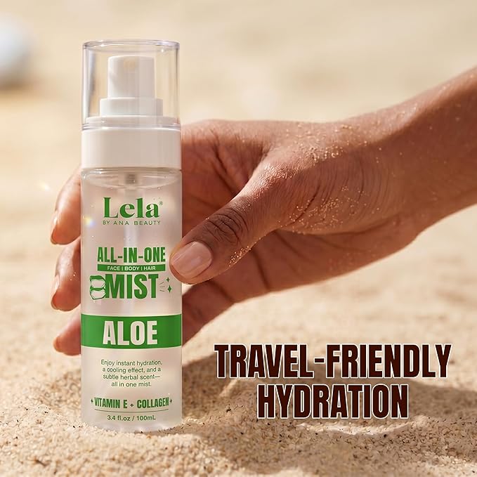 Lela Beauty All-In-One Aloe Mist Hydrating Face, Body & Hair Spray with Vitamin E & Collagen - Lightweight Travel Size Formula with Cooling Facial Mist for Glow & Refreshed Skin - 3.4fl oz