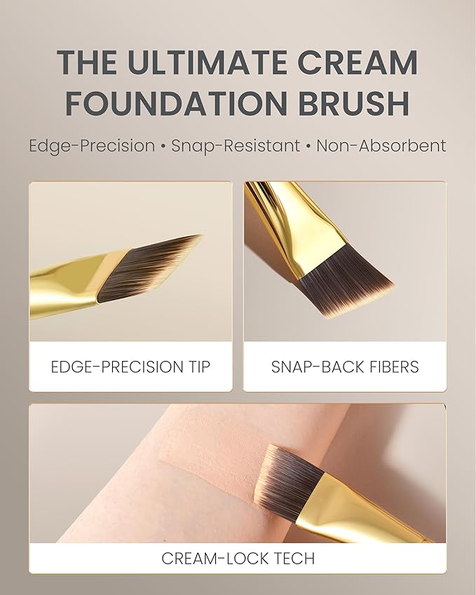 Desert Oak Series Foundation Master Duo Brush Set - CM 184 Liquid Flat Top & CM 185 Cream Angled Brush for All Foundation Types, Bubinga & Brass