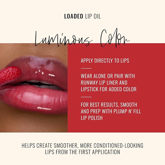 Runway Rogue Loaded Lip Oil, Hydrating and Plumping Glass-Shine Lip Oil with Tri-Peptide Formula, Raspberry Red Shine, ‘Velvet Rope’