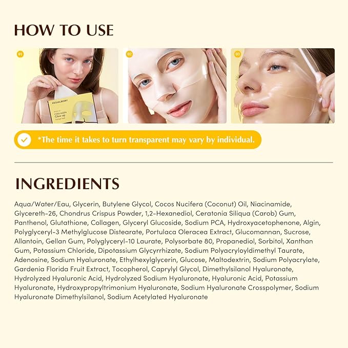 EQQUALBERRY Collagen Glow Up Mask - Niacinamide & Low Molecular Collagen for Brightening and Radiance Boosting | Korean Collagen Face Mask for Glass Skin, 4 Sheets, 1.01 OZ.