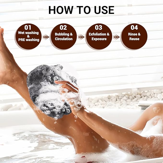 African Net Sponge Authentic for Exfoliating - Extra Knots for Deep Cleansing & Back Scrubbing - Body Scrubber Washcloth for Women & Men - Daily Shower Exfoliator for Smooth, Glowing Skin(Black)