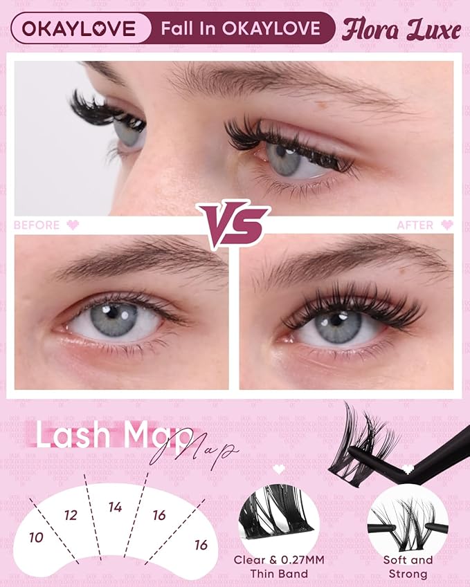 OKAYLOVE Natural Lash Clusters, Flora Luxe 8-18mm DIY Wispy Cluster Eyelash Extensions Kit, 132pcs Clear Band Individual Lashes