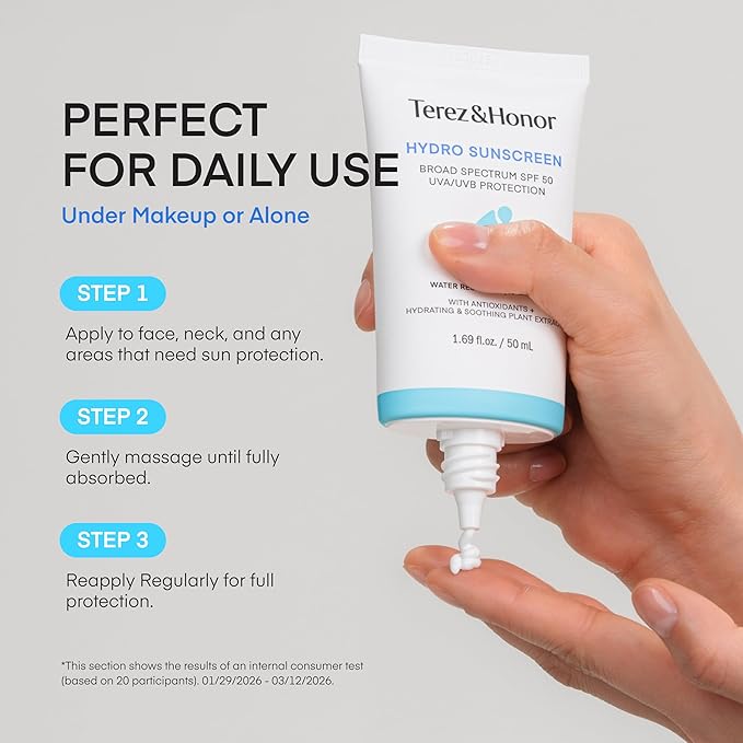 Terez & Honor Hydro Sunscreen for Face: Hydrating Broad Spectrum SPF 50 Sunscreen with UVA/UVB Protection - Moisturizing, Soothing, Water-Resistant, No-White Cast & Non-Greasy - Korean Sun Care 2-Pack