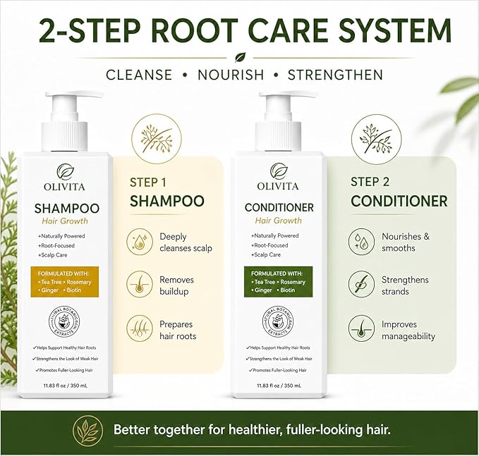 OLIVITA Hair Growth Shampoo and Conditioner Set for Thinning Hair — Biotin & Rosemary Thickening Formula for Fuller, Thicker-Looking Hair — Sulfate-Free Volumizing Hair Care for Women & Men