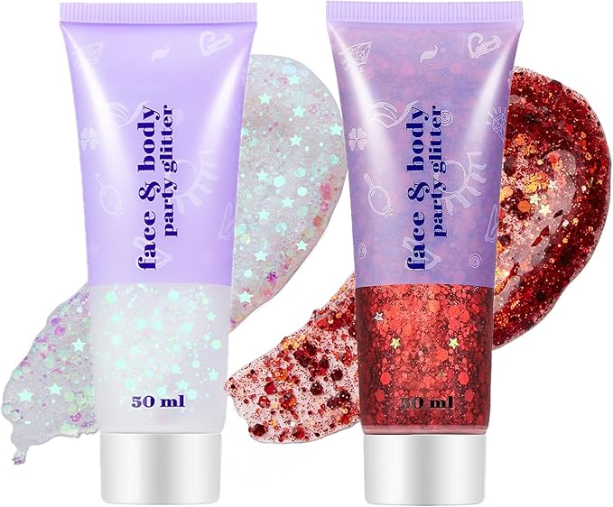 Go Ho Red and White Body Glitter Set,Singer Concerts Face Glitter Gel Makeup,Holographic Long Lasting Chunky Sequins Glitters for Eye Lip Hair Nails,Festival Rave Accessories,Red&White