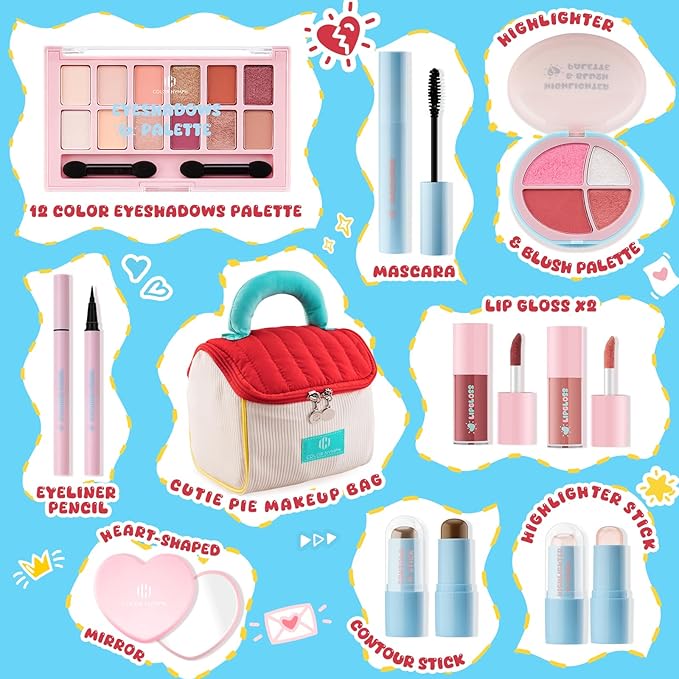 Color Nymph All In One Makeup Kit for Teen Girls Beginner with Makeup Bag, Makeup Gift Set for Teen Girls includes Eyeshadow Blush Contour Highlighter Lipgloss Mascara Eyeliner Mirror, Travel Makeup