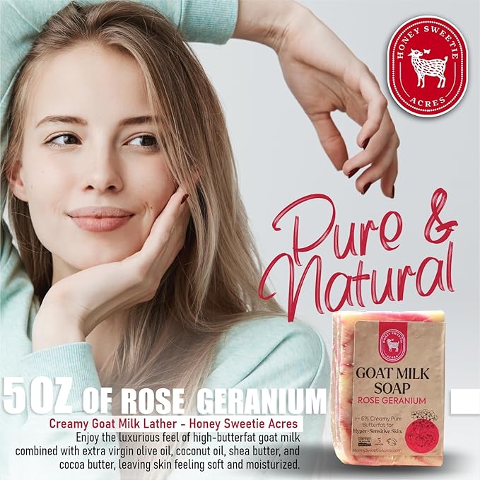 Honey Sweetie Acres Rose Geranium Goat Milk Soap - Handmade 5 oz Bar, Made with Natural Ingredients, Moisturizing & Gentle, Made in the USA