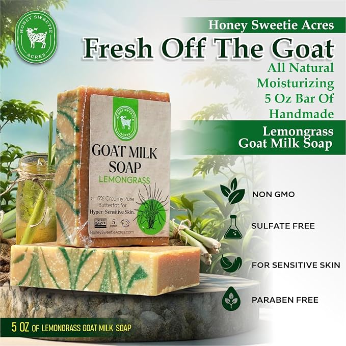 Honey Sweetie Acres 2-Pack Lemongrass Goat Milk Soap - Handmade 5 oz Bar, Made with Natural Ingredients, Moisturizing & Gentle, Made in the USA