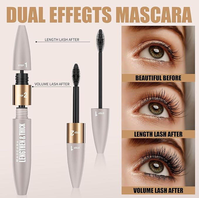 DUDUDU Waterproof Mascara and Eyeliner Set, 2-in-1 Black Volumizing and Lengthening Mascara for Lash Extension, Ideal Mascara for Older Women, 24HR Long Lasting Smudge-Proof Eye Makeup Kit
