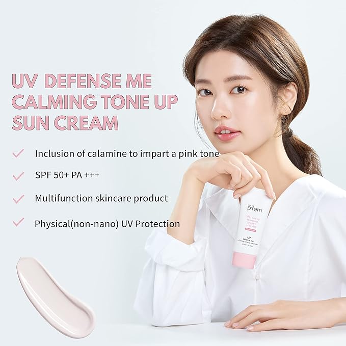 MAKEPREM UVA UVB Defense Me Calamine Calming Sun Cream SPF 50+ PA++++ 1.69 Fl Oz Korean Mineral Sunblock VEGAN Sunscreen Reef-safe Mild Non-Irritating Sensitive Acne-Prone Skin Non-Nano No Chemicals