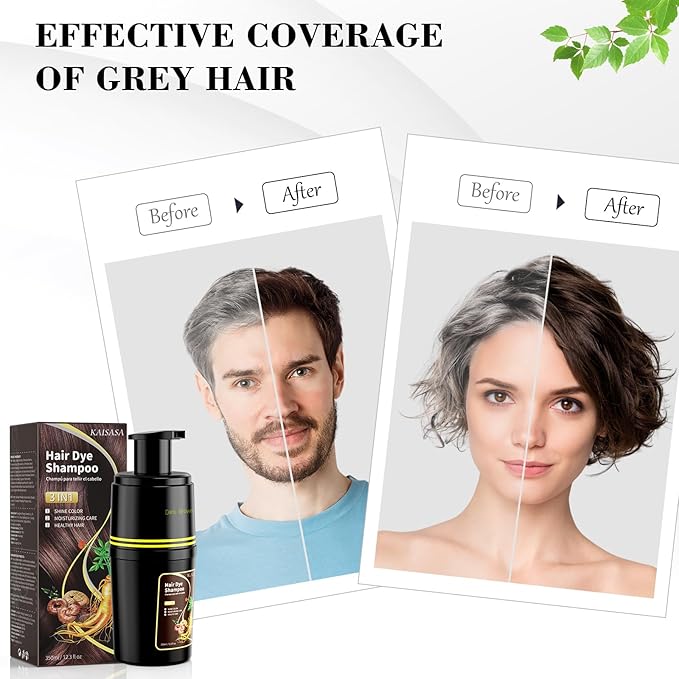 KAISASA Dark Brown Hair Dye Shampoo 3 in 1, Hair Color Shampoo for Cover Grey Hair, Natural with Herbal Ingredient for Men and Women (Dark Brown)