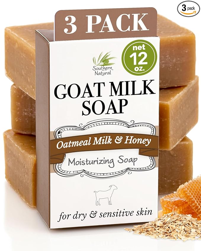 Southern Natural Goat Milk Soap Bar - Oatmeal Milk & Honey 3 Pack - For Dry Sensitive Skin. Natural, Handmade Soap For Men, Women, Kids, Face & Body