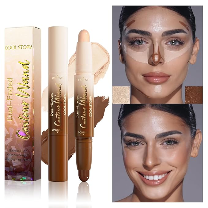 2-in-1 Contour & Highlight Stick Cream Waterproof Contour Stick, Buildable Formula for Natural Definition and Sculpting, Flawless Cheeks, Jawlines, and Nose Contours (Medium)