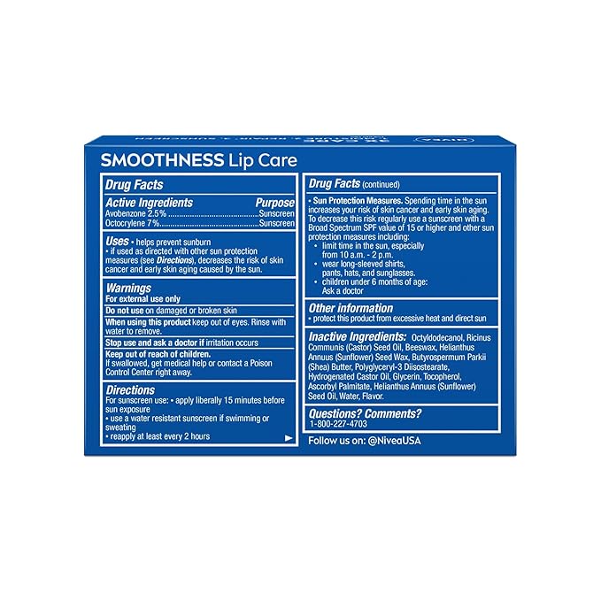 NIVEA Lip Balm Set, Smoothness Lip Care with Broad Spectrum SPF 15 Sunscreen, 0.17 Oz (Pack of 4) + Dewy with Hyaluronic Acid, 0.18 Oz (Pack of 4), Long-Lasting Moisture