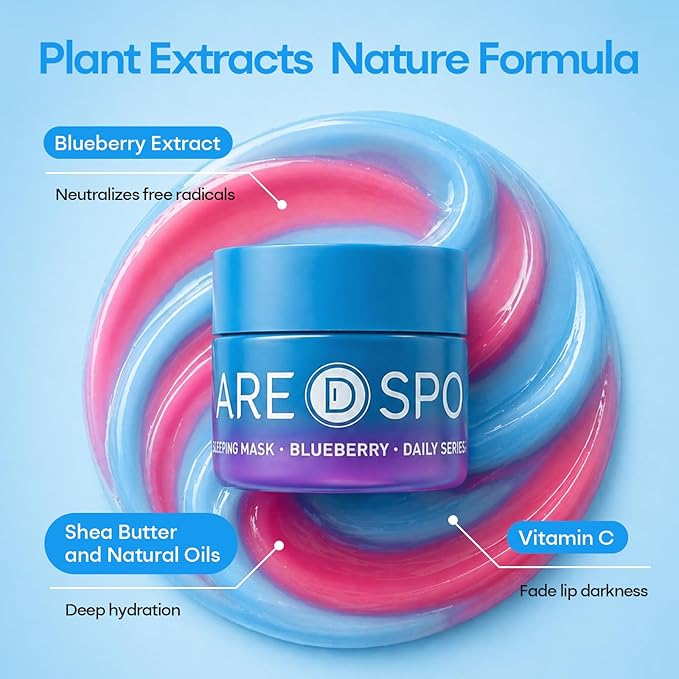 SPODARE 20g Blueberry Lip Mask Overnight, Lip Moisturizer for Dry Cracked Lips Care, Dual-Color Lips Balm for Nourishing and Softening Lips, Birthday Gifts for Women & Teens