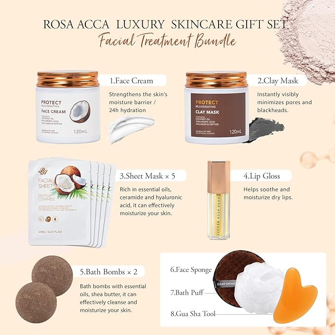 Mother's Day Gifts, Coconut 32 Pcs Facial Skin Care Kit, Home Spa & Self-Care Gifts Basket Set, Bath and Body Gifts for Women, Face Sheet Mask, Serum, Birthday, Christmas, Anniversary, Wife, Mom