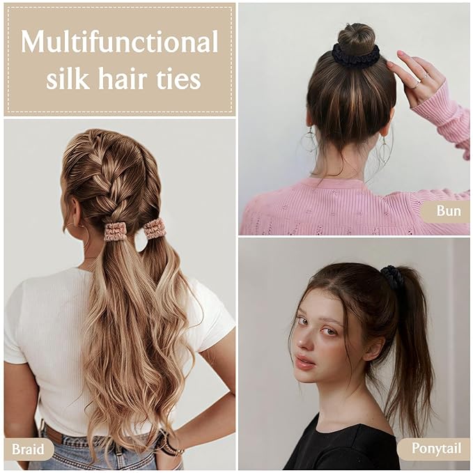 Scrunchies Hair Ties Silk Satin Scrunchy, WantGor Women 4PC Pure Mulberry Silk Skinny Elastic Scrunchies Hair Bands Bracelets Ponytail Holders Hair Accessories (Black*2, Khaki*2)