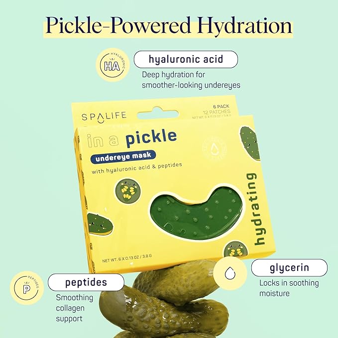 SpaLife In a Pickle Hydrogel Under Eye Patches for Dark Circles | Pickle Under Eye Patches for Puffy Eyes | Hydrating Undereye Masks for Bags and Puffiness | Pack of 8 Pairs (8 Undereye Treatments)