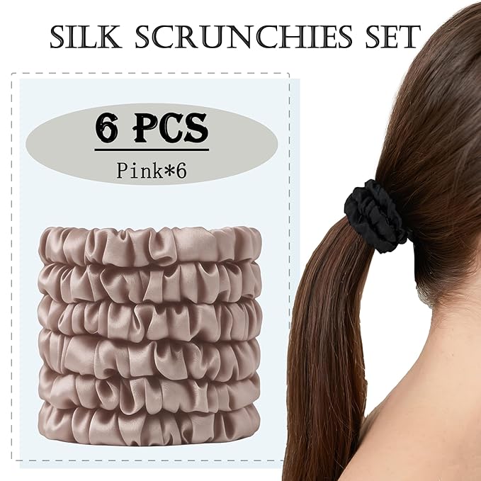Silk Hair Ties 6Pcs, 22 Momme Pure 100% Mulberry Silk Scrunchies for Women, No Damage Silk Scrunchies for Hair, Pink