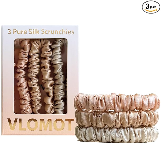 VLOMOT 3 Pcs Set 100% Pure Mulberry Silk Hair Scrunchies Hair Ties with 3 Chic Colors Everyday Skinny Scrunchies Silk Ponytail Holders Hair Care No Damage (Champagne)
