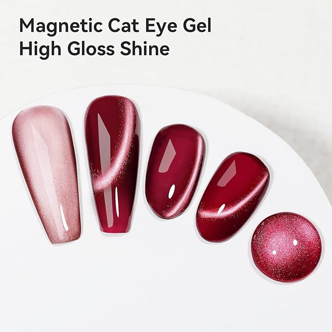Red Cat Eye Gel Nail Polish, Burgundy Red Glitter Magnetic Gel Polish Moonlight, Cateye Gel Polish With Magnet Wine Red Holographic Shimmer UV Velvet Manicure Salon DIY Home, 12ML