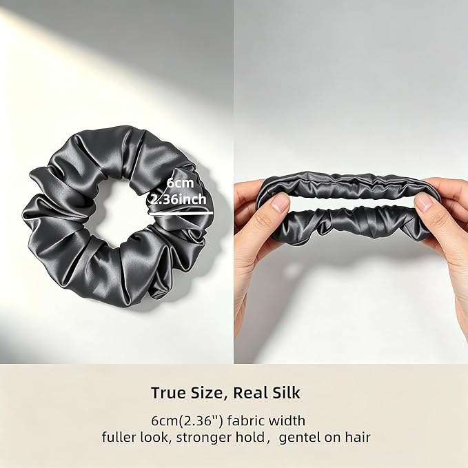ZLYC 100% Mulberry Silk Hair Tie Scrunchie 19 Momme Gentle Creaseless Dent-Free Ponytail Holder for Women, 6cm Solid Gray