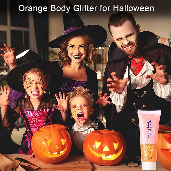 MEICOLY Orange Face Body Glitter,Sparkling Hair Face Glitter Gel,Mermaid Sequins Face Paint Glitter Autumn Makeup,Halloween Festival Rave Accessories Makeup,Party Body Glitter Gel for Women Kids