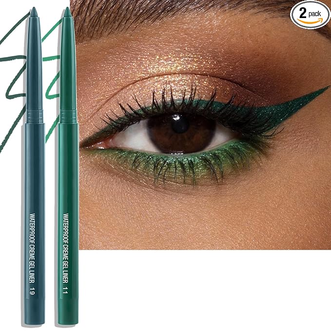 2 PCS Green Eyeliner Pencil Set, Matte Shimmer Gel Waterline Eye Liner Pen Smudge-Proof Multi-Use Colorful Eyeliner Creamy High Pigmented Long-Lasting Retractable Smooth Eye Makeup