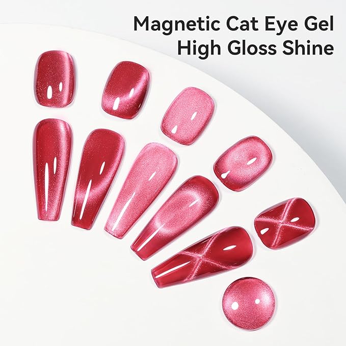 Red Cat Eye Gel Polish, Jelly Glass Magnetic Nail Polish, Ruby Red UV Glitter Holographic, Cateye Gel Polish with Magnet Shimmer Manicure Salon DIY at Home for Women, 12ML