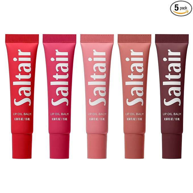Saltair Hydrating Lip Oil Balm, Clear and Tinted Lip Gloss, Everyday Shades 5-Pack. Moisturizing Vegan Conditioning for Dry Cracked Lips with Glossy High-Shine Finish. Coconut Vanilla Flavor