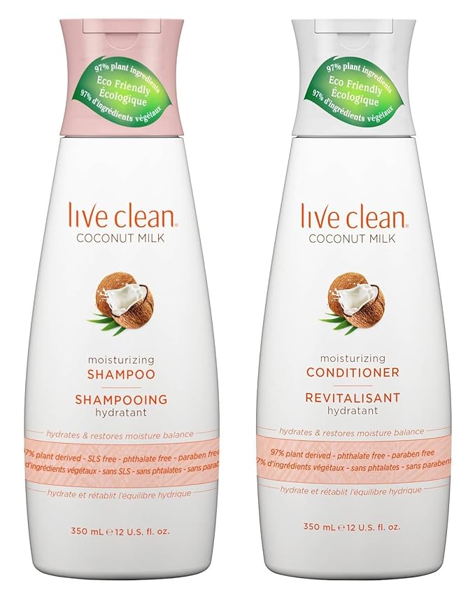 Live Clean Coconut Milk Moisturizing Shampoo and Conditioner, 12 oz each with Certified Organic Coconut Extract and Oil, Petrolatum-free, Phthalate-free and Paraben-free