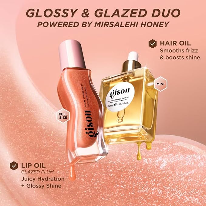 Gisou Glossy & Glazed Set – Honey Infused Hair Oil (20ml / 0.7 fl.oz) & Honey Infused Lip Oil Glazed Plum (Full Size)