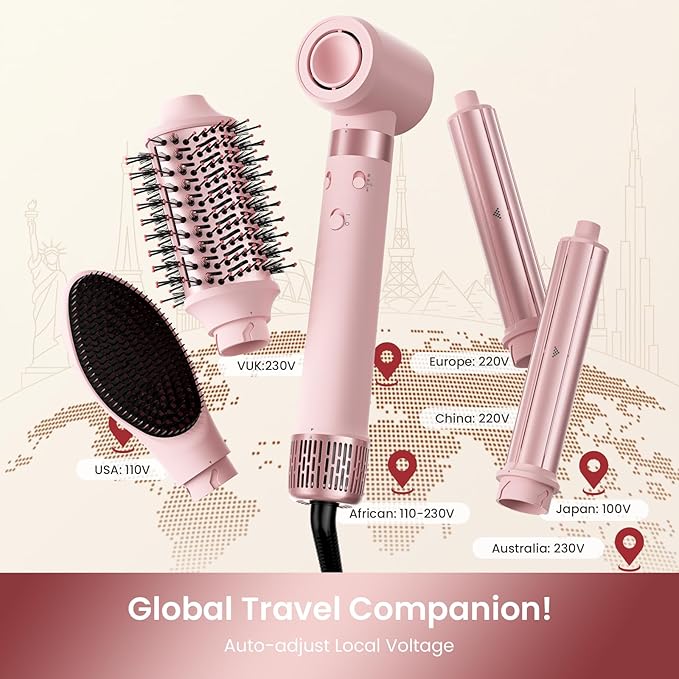 MESCOMB Dual Voltage Hair Dryer Brush - 5 in 1 Hot Air Styler Wrap with Auto Wrap Curlers, Fast Drying, Straightening & Volumizing, 100V–240V Global Travel with Storage Bag-Peach Pink