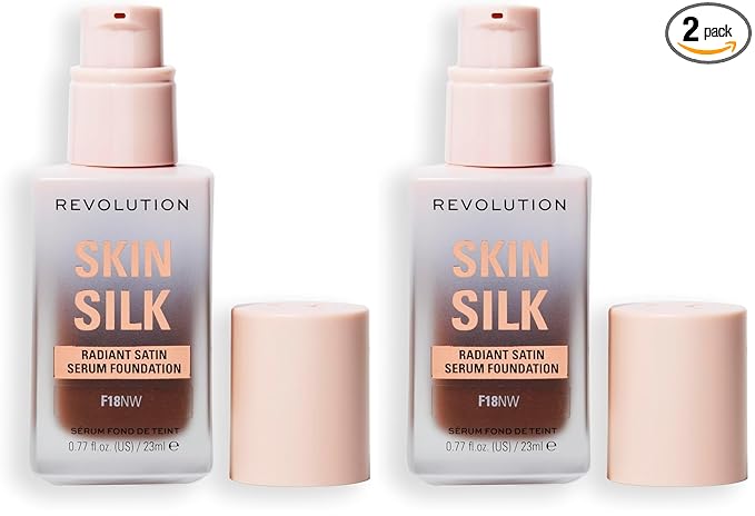Revolution, Skin Silk Serum Foundation, Light to Medium Coverage, Lightweight & Radiant Finish, Contains Hyaluronic Acid, F18 Deep Skin Tones, 0.77 fl oz (Pack of 2)