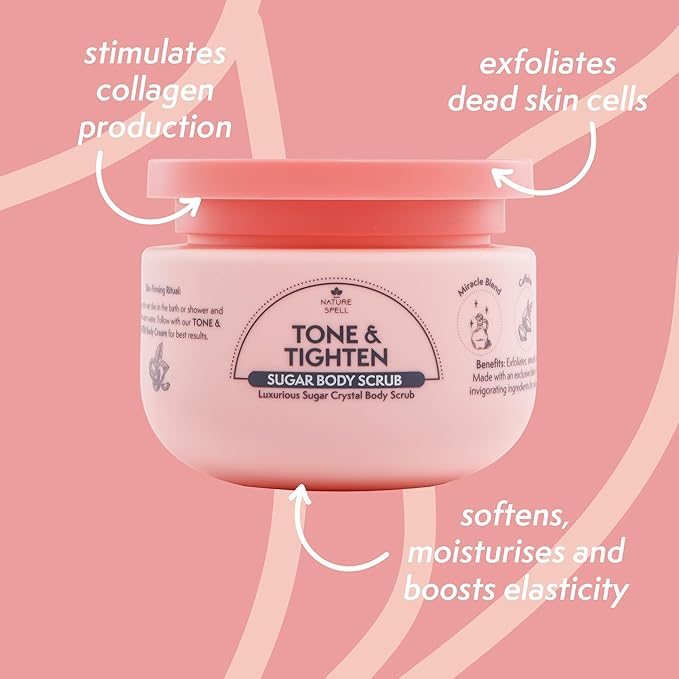 Nature Spell Tone & Tighten Sugar Body Scrub, Smooth and Radiant Exfoliating Body Scrub with Hyaluronic Acid, Ginseng Extract and Plant Collagen, For All Skin Types, 10.5 fl oz