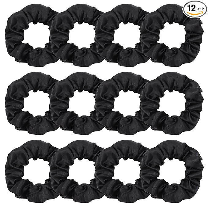 Silk Satin Scrunchies for Women Girls 12 PCS Black Hair Scrunchies Bulk Silk Satin Hair Ties for Thick Hair Hair Accessories